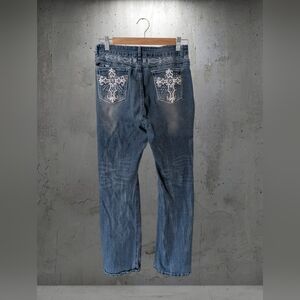 ROMWE Blue Boot Cut Jeans with White Embroidered Back Pockets